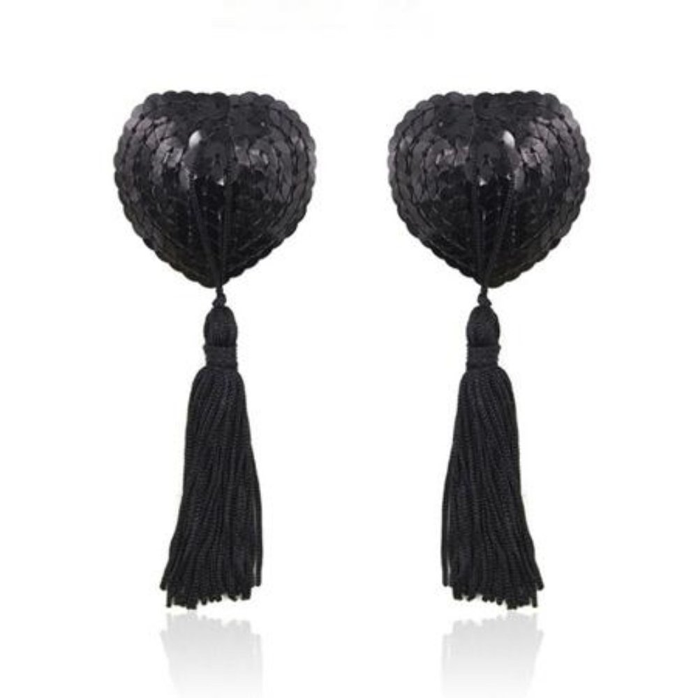 Sequin Heart Pasties with Tassels in Black